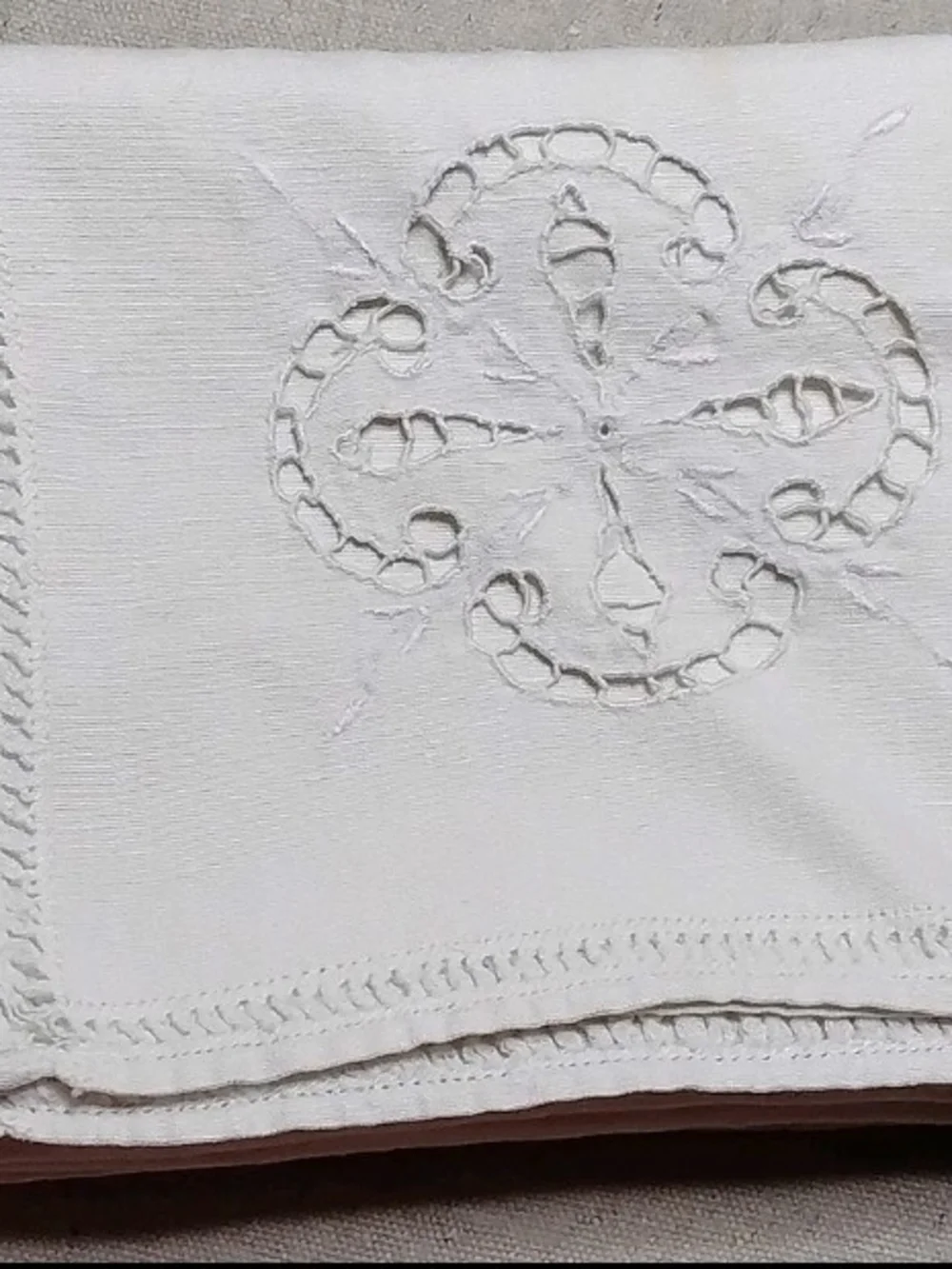 Vintage White Solid Embroidered Table Linen, Cutwork Hemstitched Edge 32x36